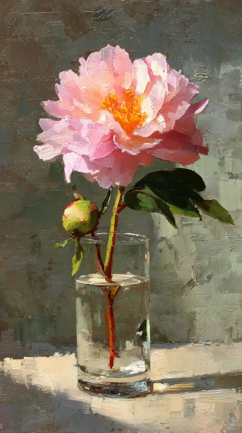 Peonia rosa in vaso di vetro dipinto a olio primo piano
