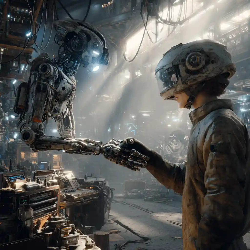 Cyberpunk engineer with floating repair drone in industrial den