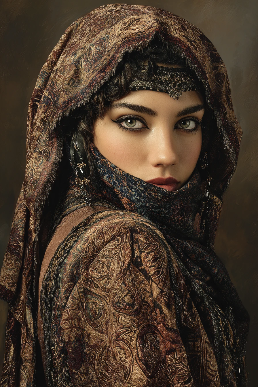 Junge Frau im traditionellen palästinensischen Kleid mit sehnsuchtsvollem Blick