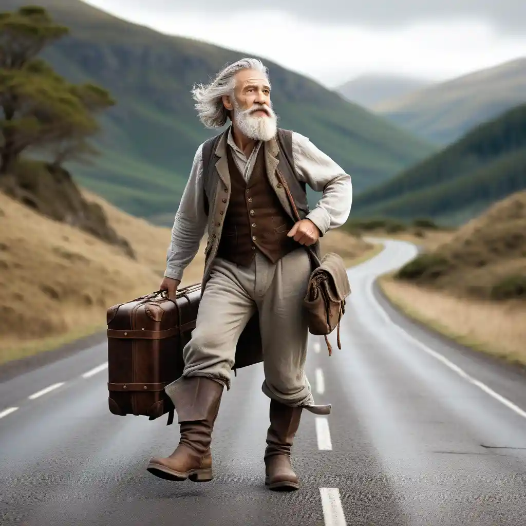 Elderly bearded traveler walking with suitcase and maps