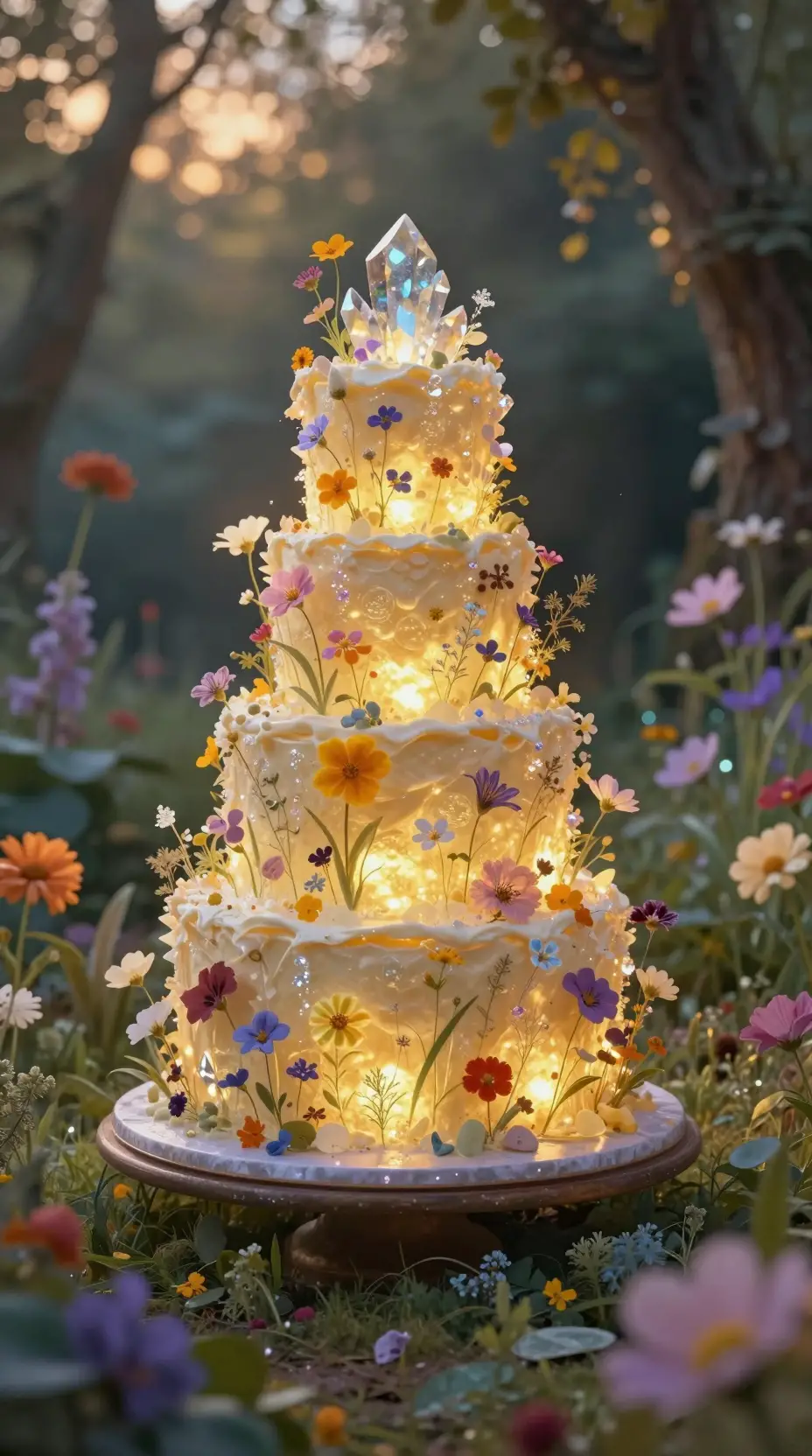 Enchanted layered cake glowing in a fantasy garden