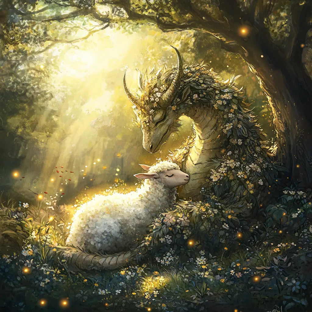 Dragon Of Moss And Blossoms Embracing A Sheep
