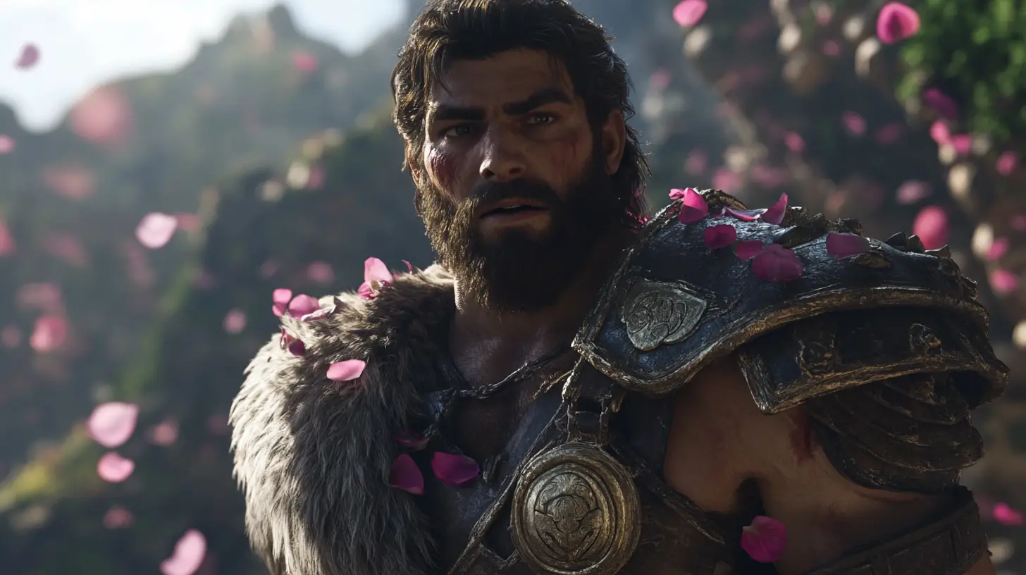 Shocked fantasy warrior in petalstone armor with muscular build