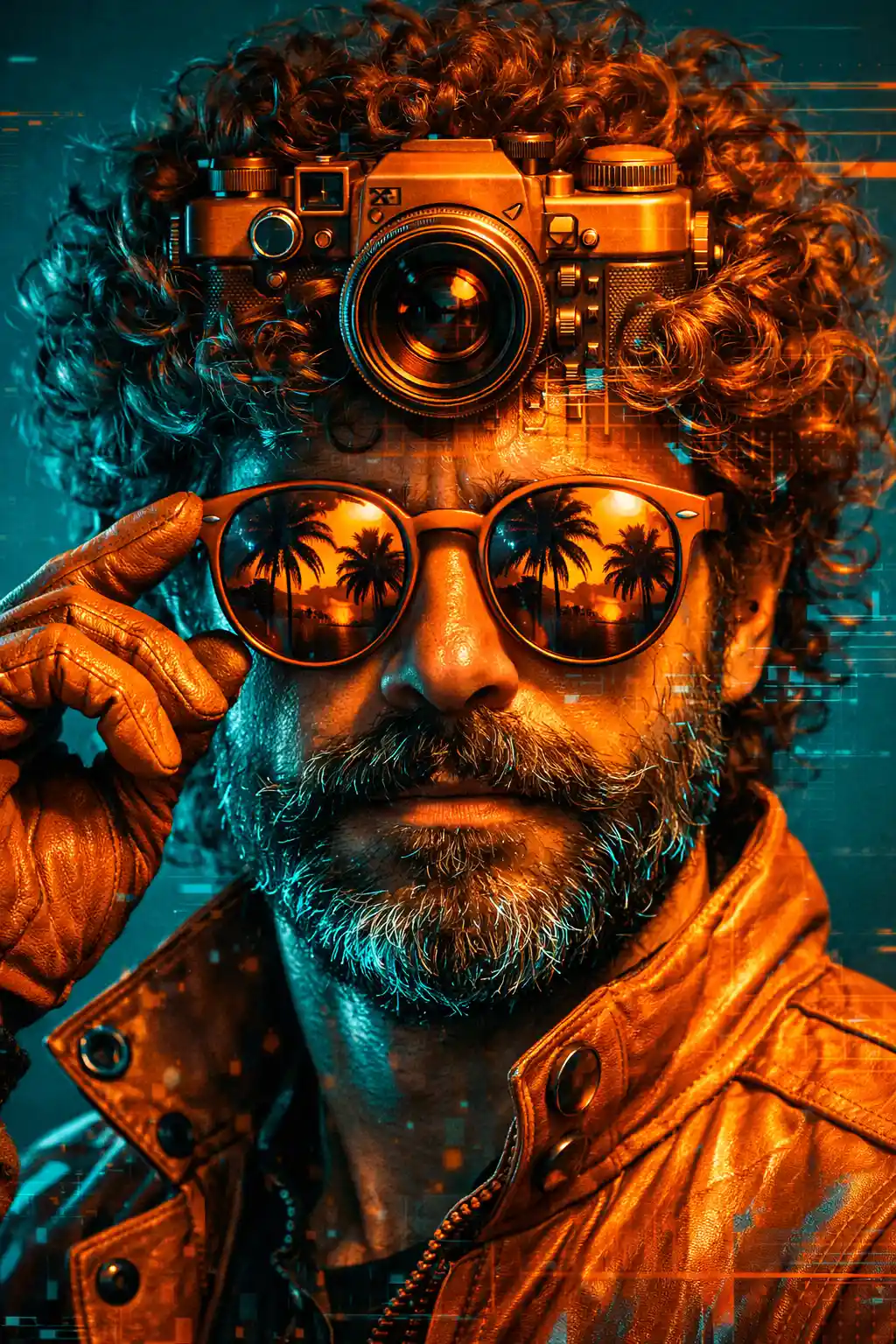Ritratto di uomo cyberpunk con occhiali da sole luminosi e fotocamera
