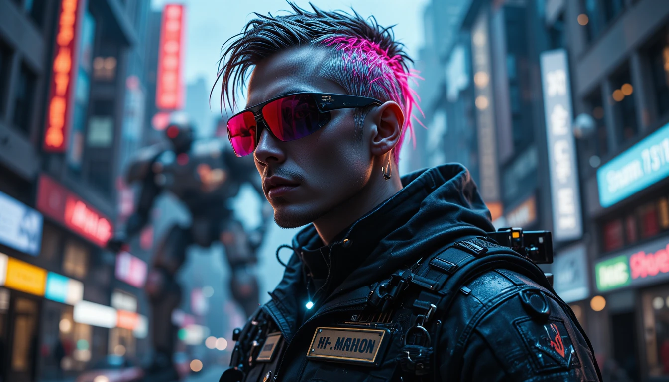 Futuristic cyberpunk man with weapon in studio portrait