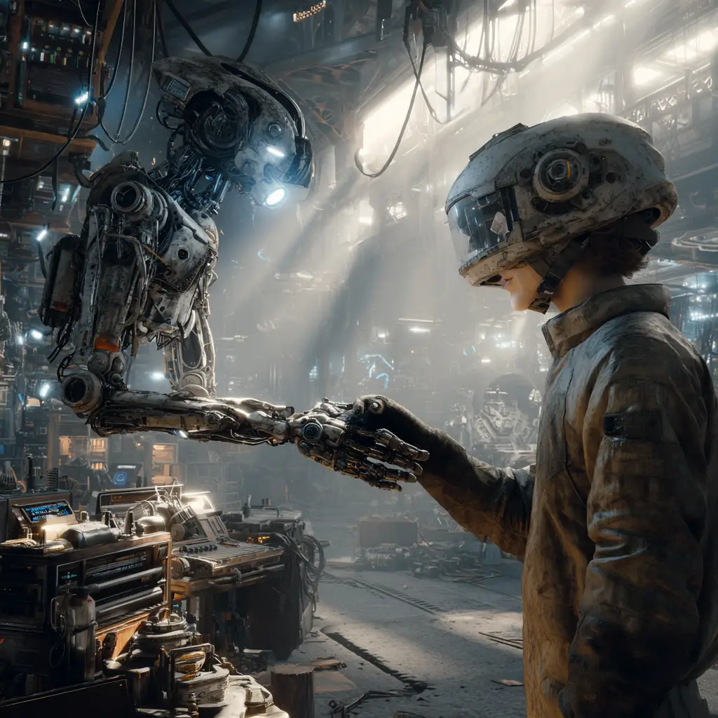 Cyberpunk engineer with floating repair drone in industrial den