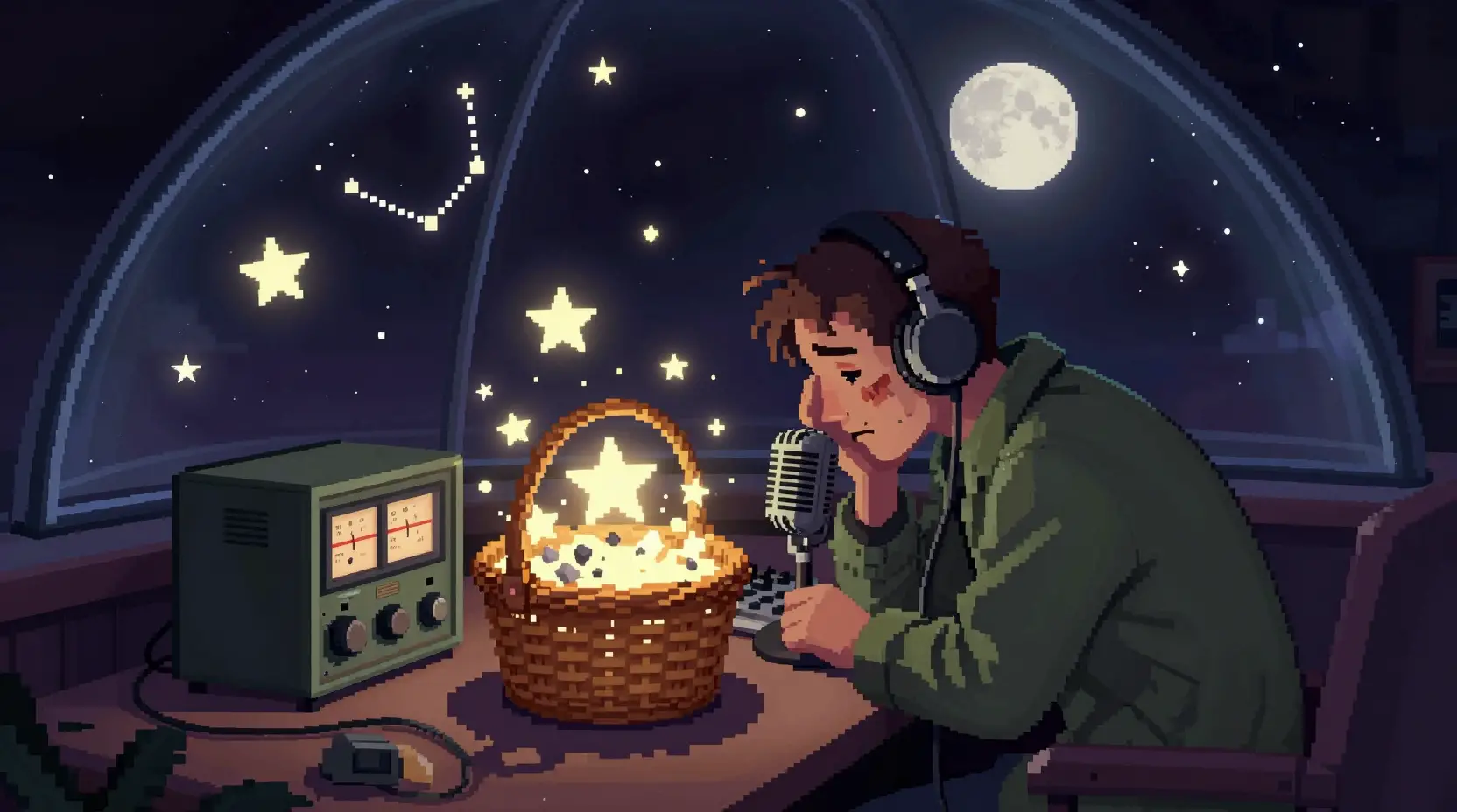 Lonely radio host under a cosmic glass dome night sky