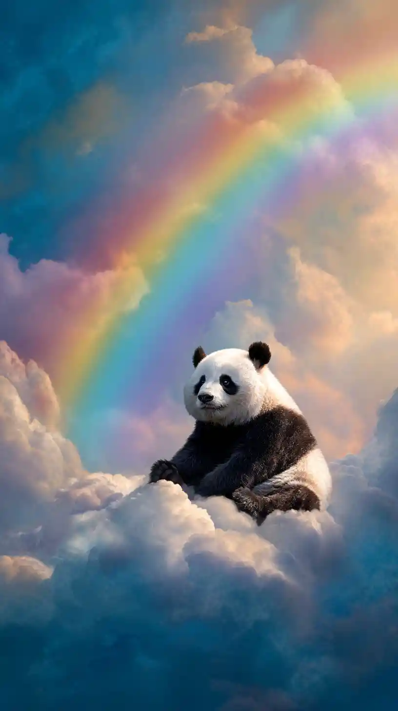 Cute panda resting on a cloud under a bright rainbow