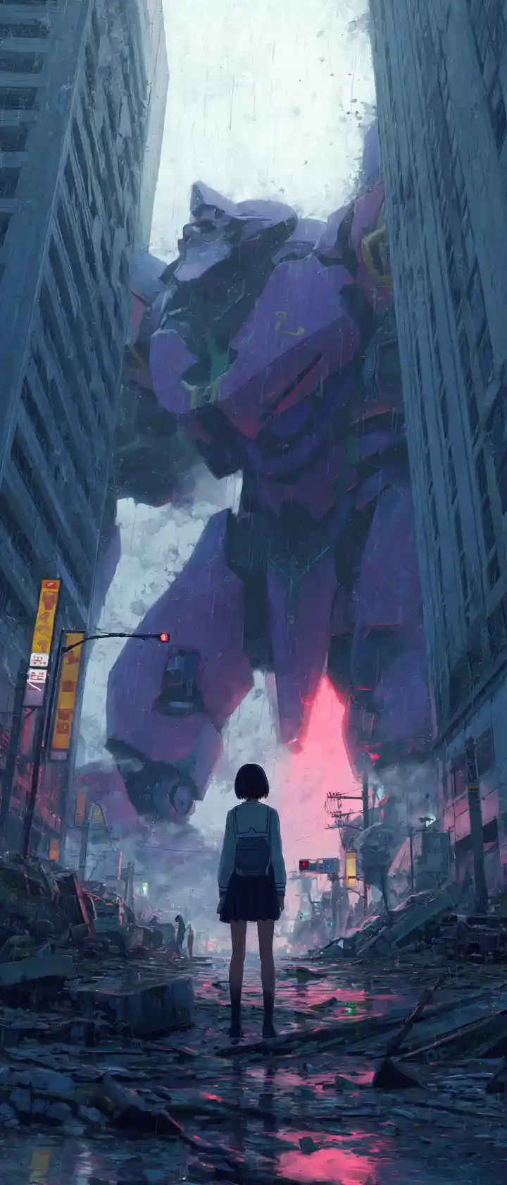 Schoolgirl on fallen mech in a flooded anime city