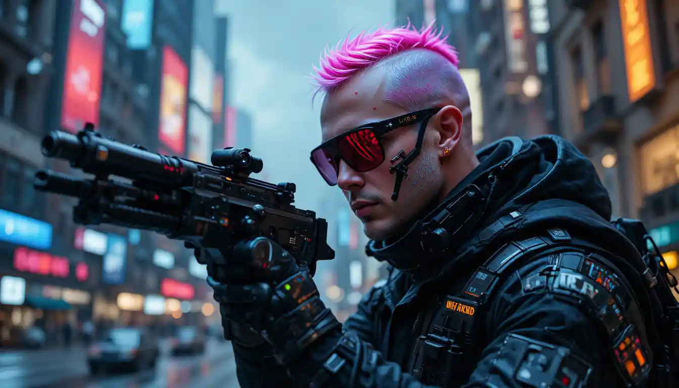 Futuristischer Cyberpunk-Mann mit Waffe im Studio-Porträt