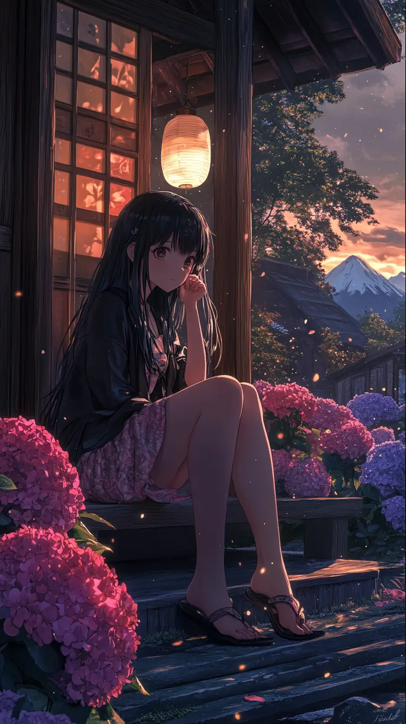 Anime girl on a wooden veranda at dusk with hydrangeas