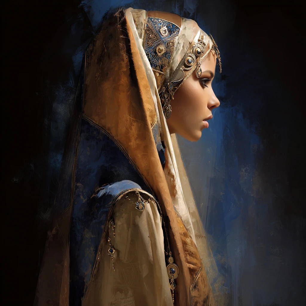 Young Palestinian woman in traditional dress with longing gaze