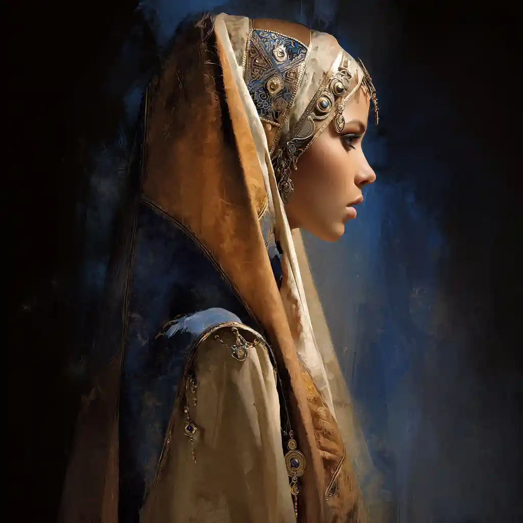 Young Palestinian woman in traditional dress with longing gaze