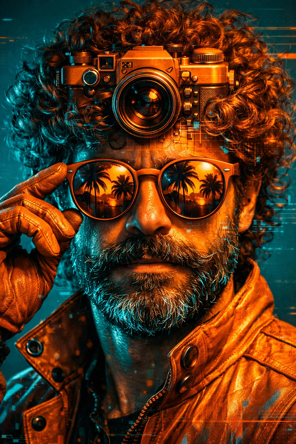 Portrait d’homme cyberpunk avec lunettes de soleil lumineuses et appareil photo