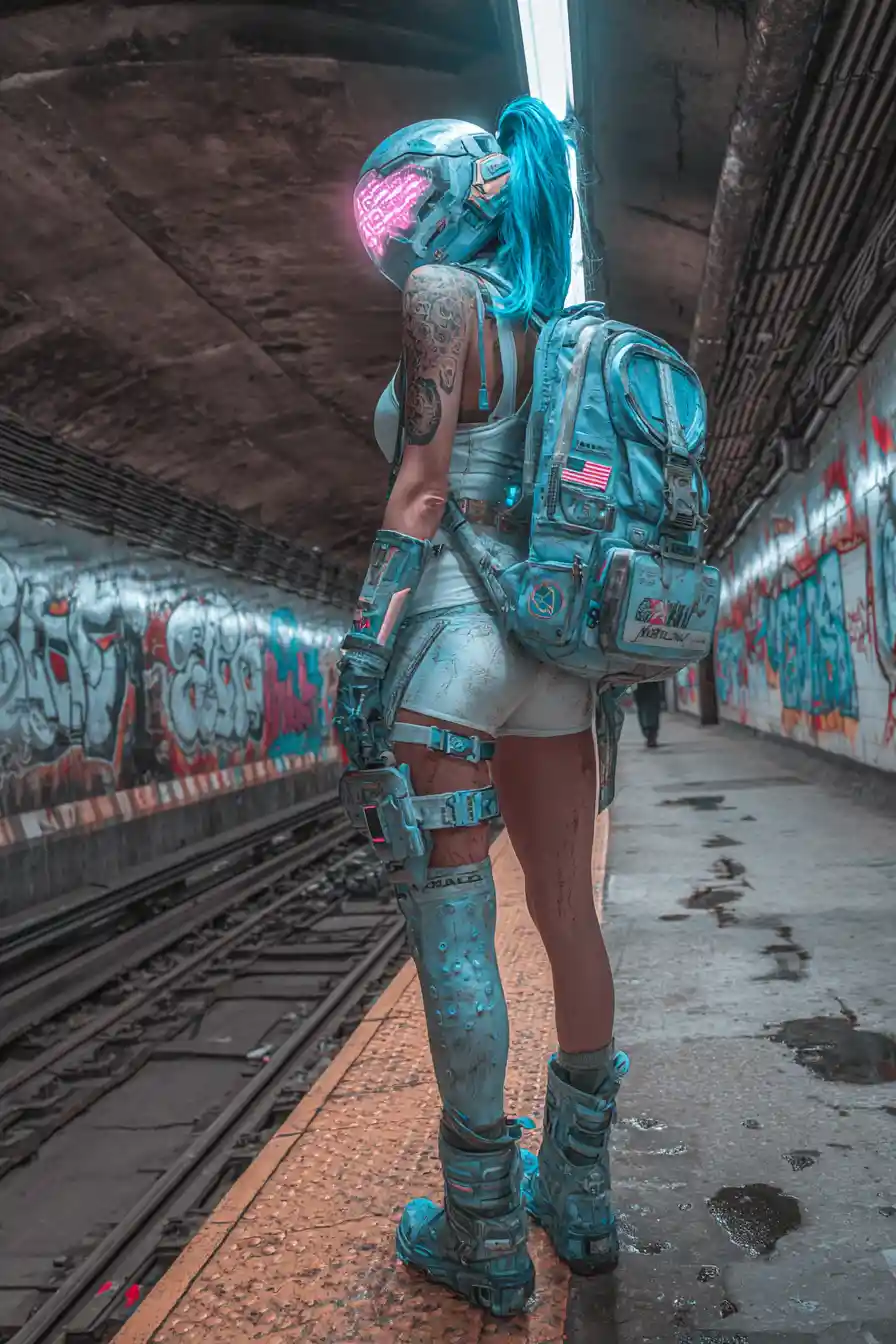 Cyberpunk-Frau auf rauem U-Bahnsteig im Neonlicht