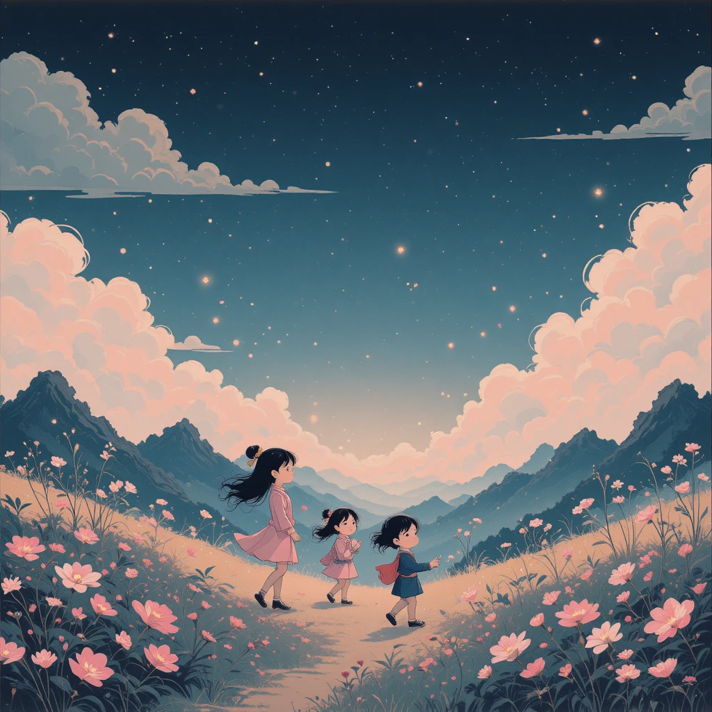 Children Chasing Fireflies In Gentle Yamato Style Night Scene