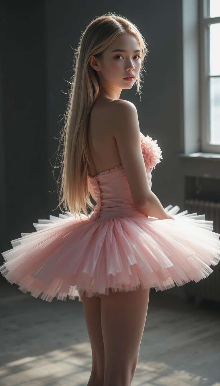 Elegante ballerina che posa dolcemente in una drammatica luce da studio