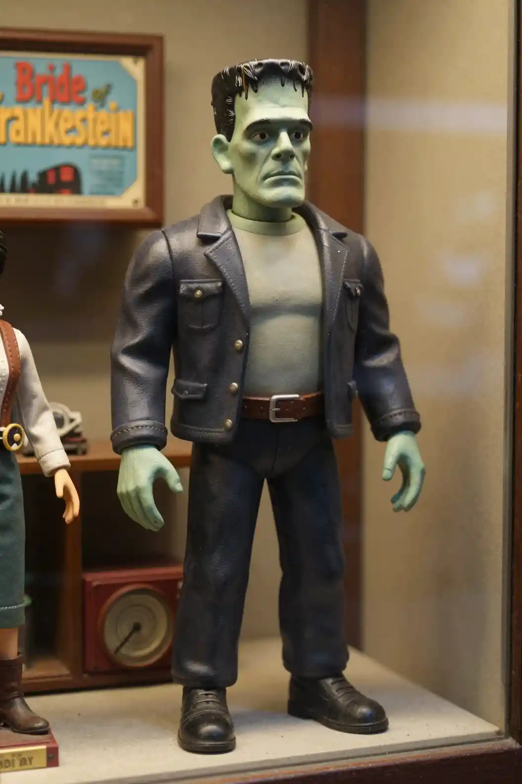 Vintage monster action figure in retro toy store window