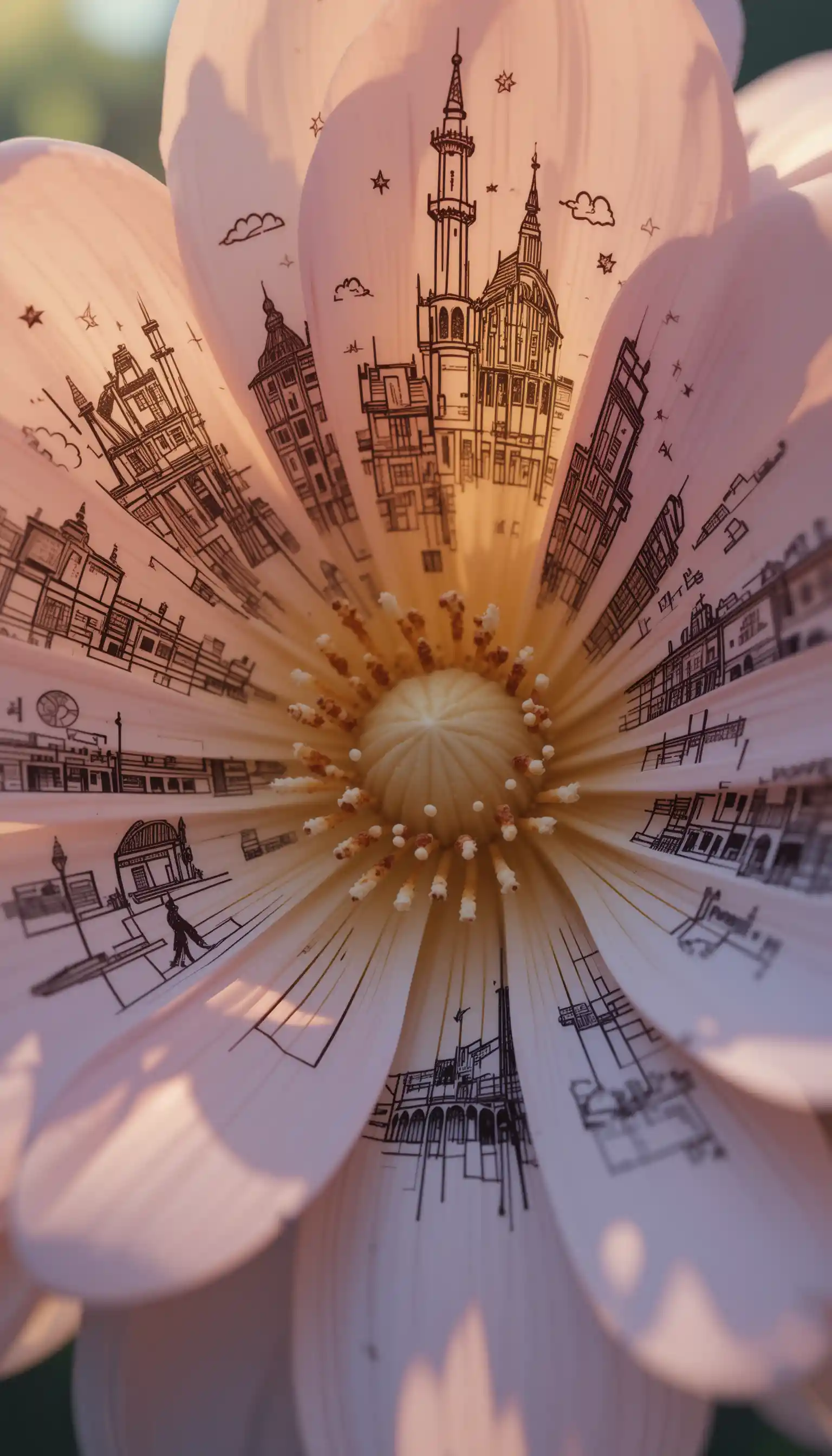 Delicate blooming flower with hand drawn cityscape details