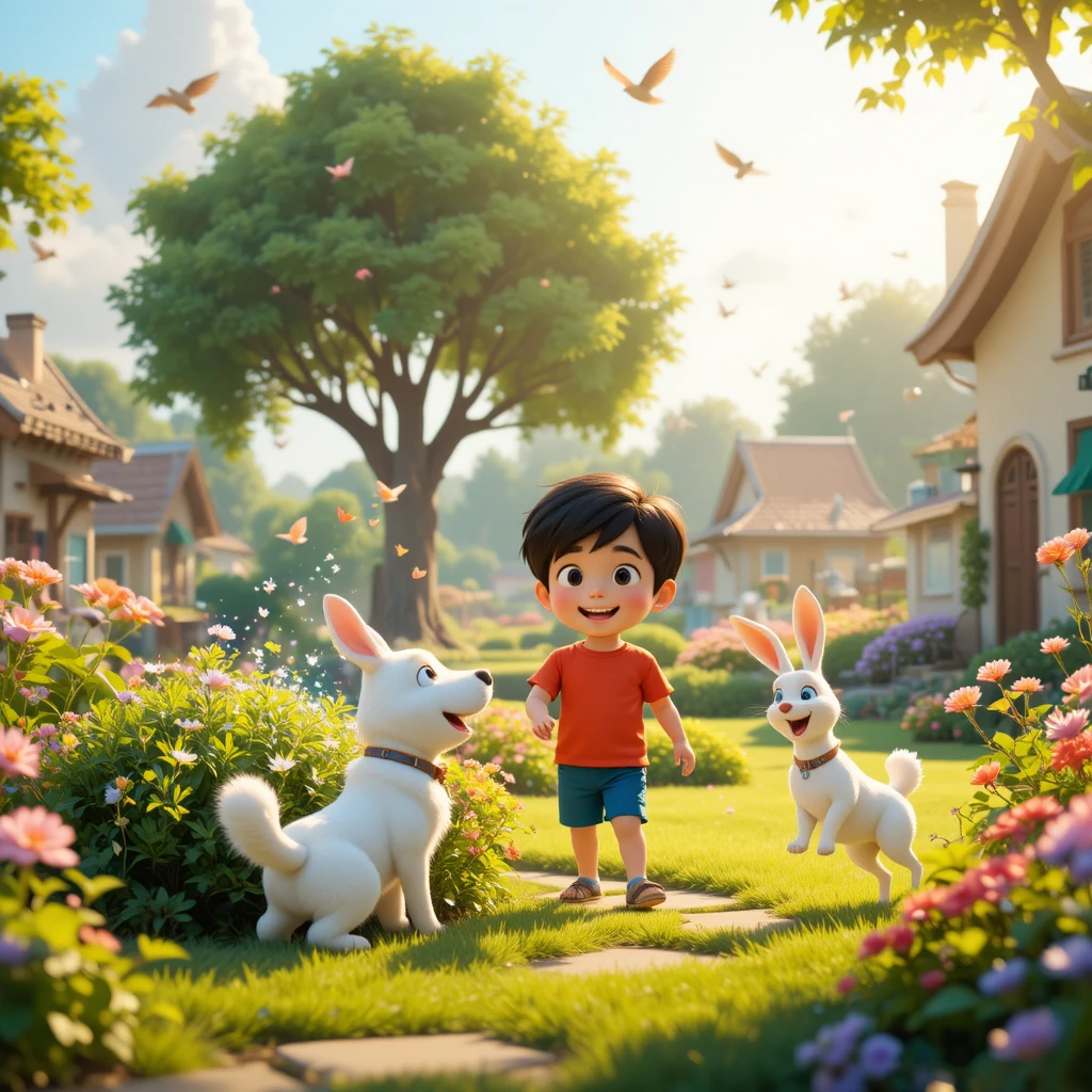 Young girl watering flowers in a sunny magical garden