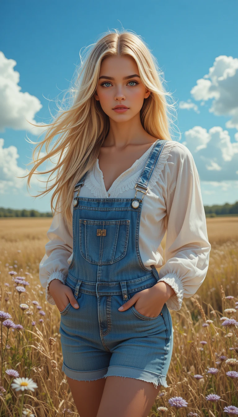 Ragazza bionda con salopette di jeans in un campo illuminato dal sole
