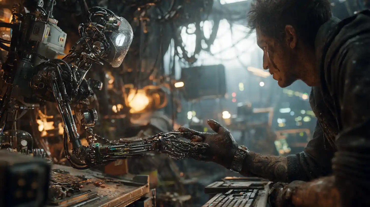 Cyberpunk engineer with floating repair drone in industrial den