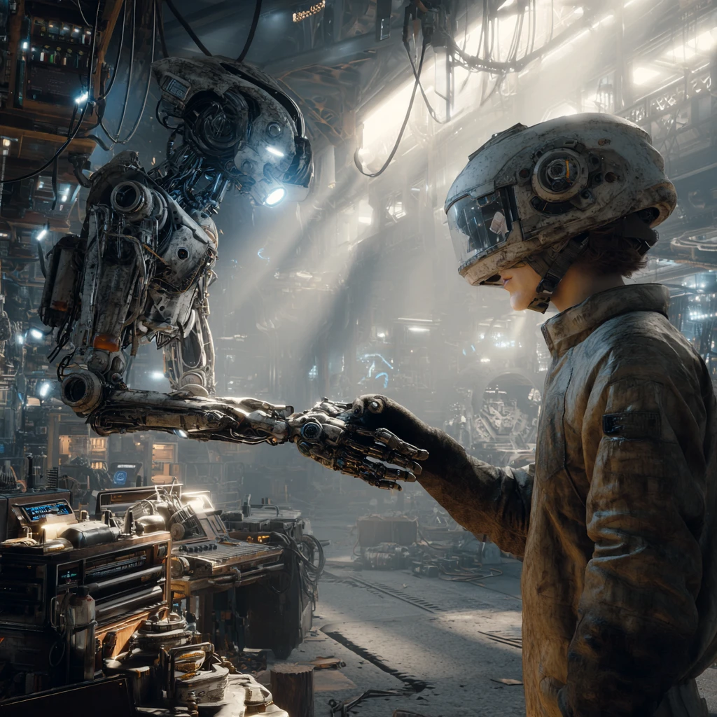 Cyberpunk engineer with floating repair drone in industrial den