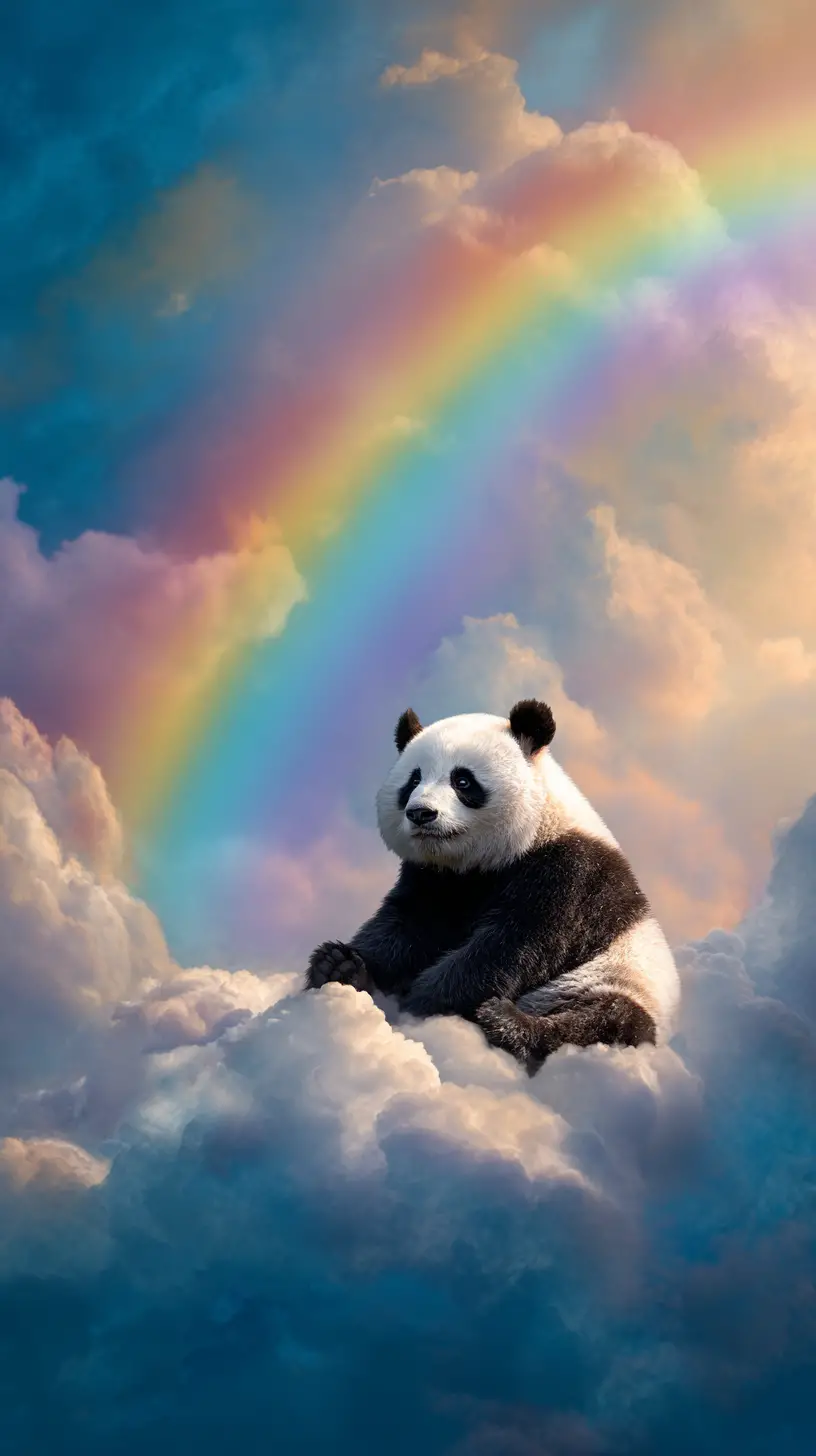 Cute panda resting on a cloud under a bright rainbow