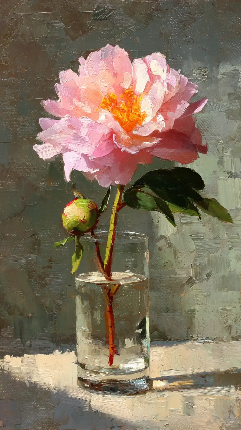Peonia rosa in vaso di vetro dipinto a olio primo piano