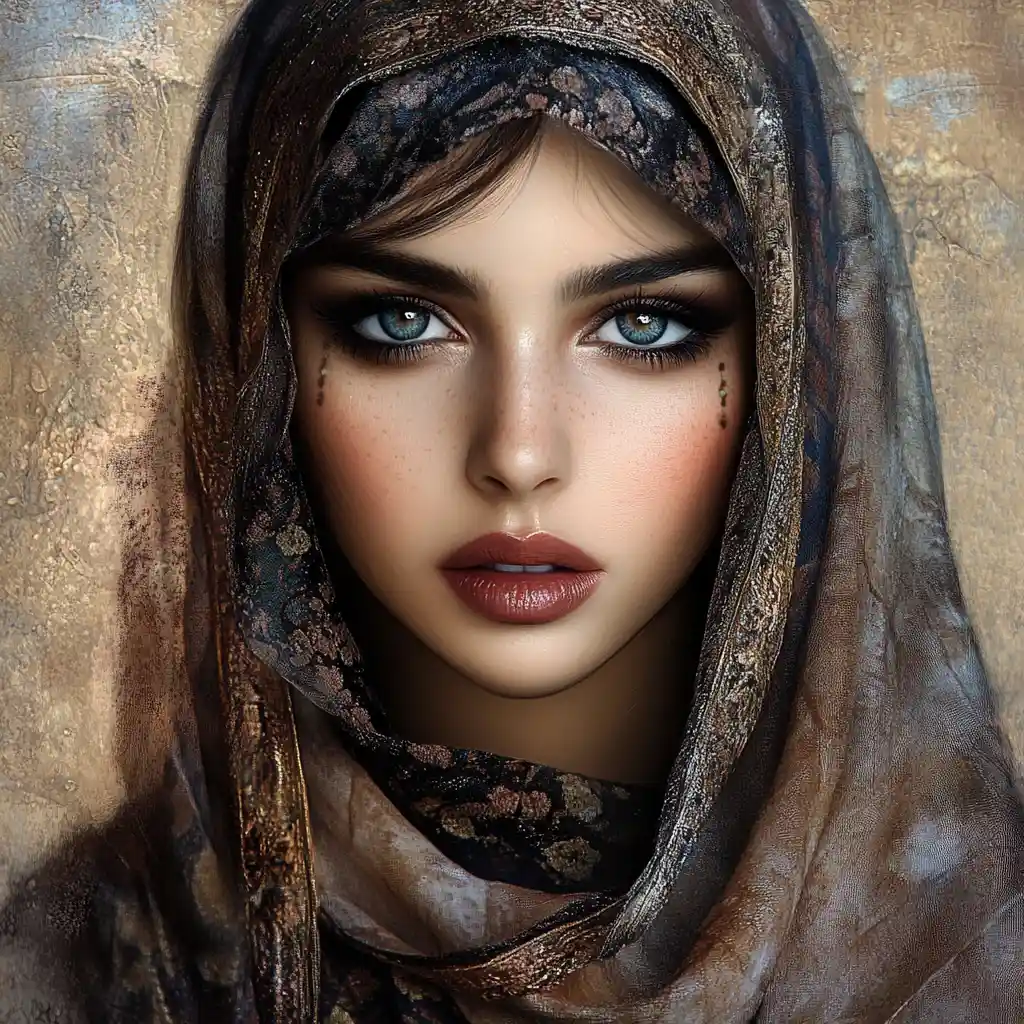 Palestinian woman in traditional dress with longing blue eyed gaze