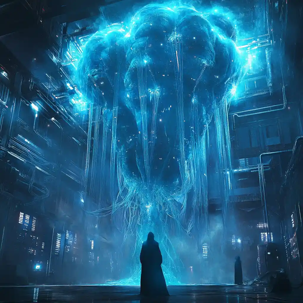 Oracle brain supercomputer with wired priestesses in foggy hall