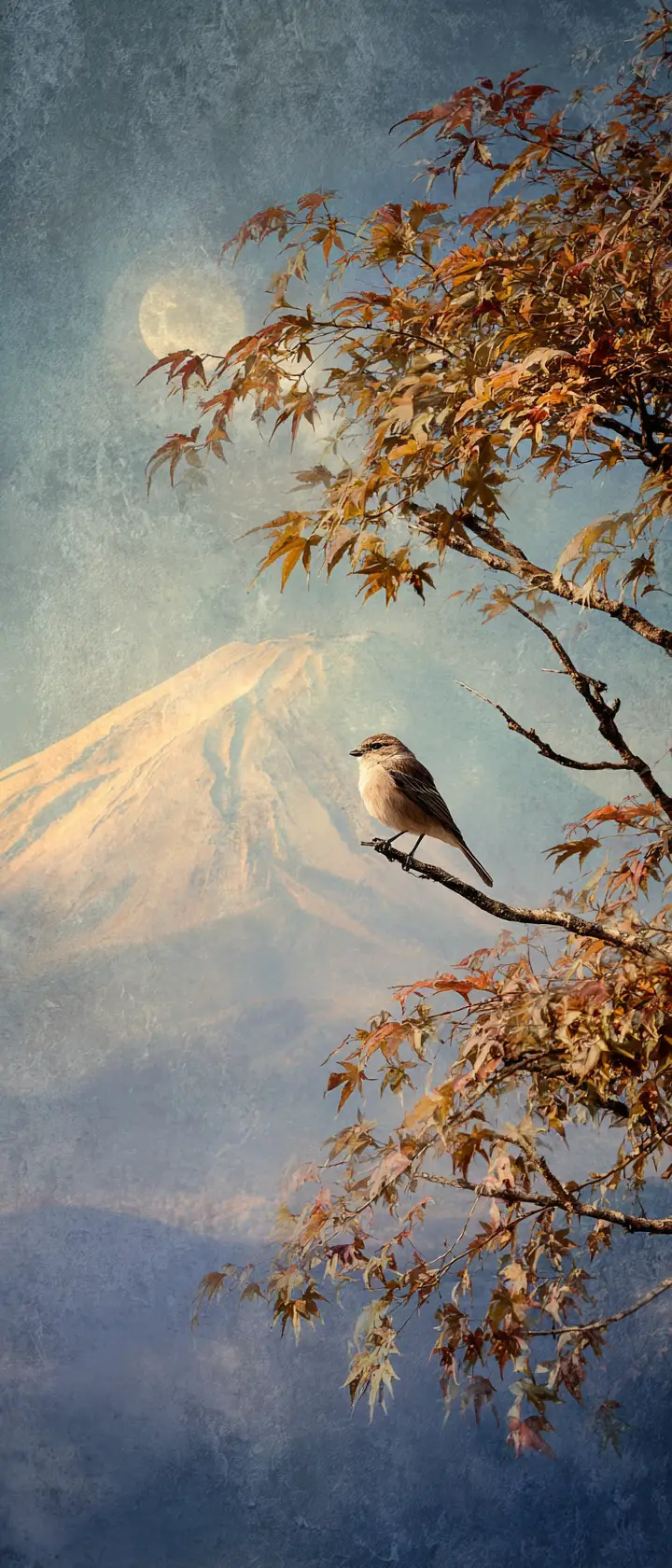 Japanese mountain landscape under a serene autumn full moon