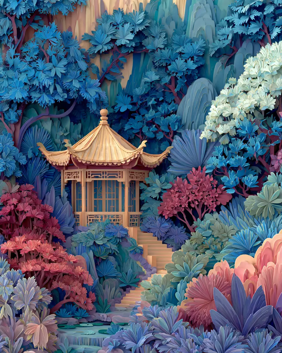 Serene Chinese Garden In Layered 3D Paper Cut Art