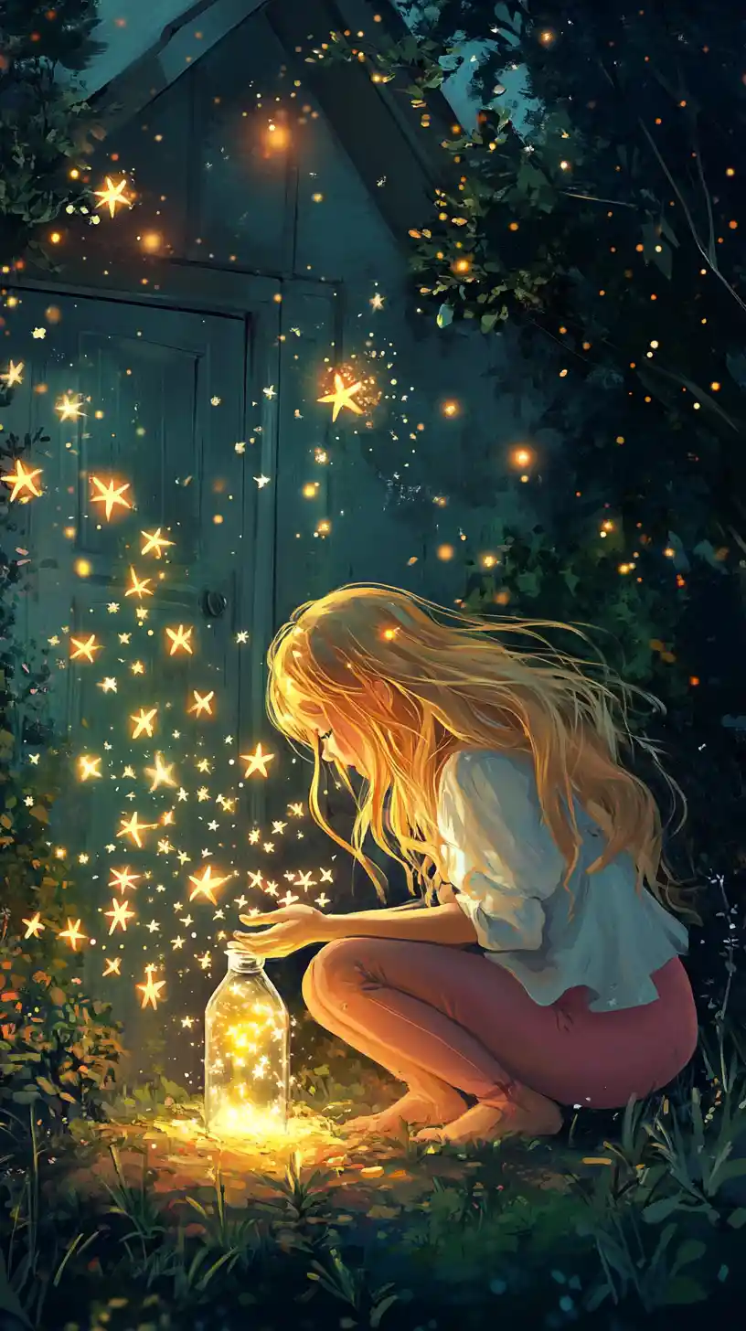 Cute girl with magic stars outside a house at night