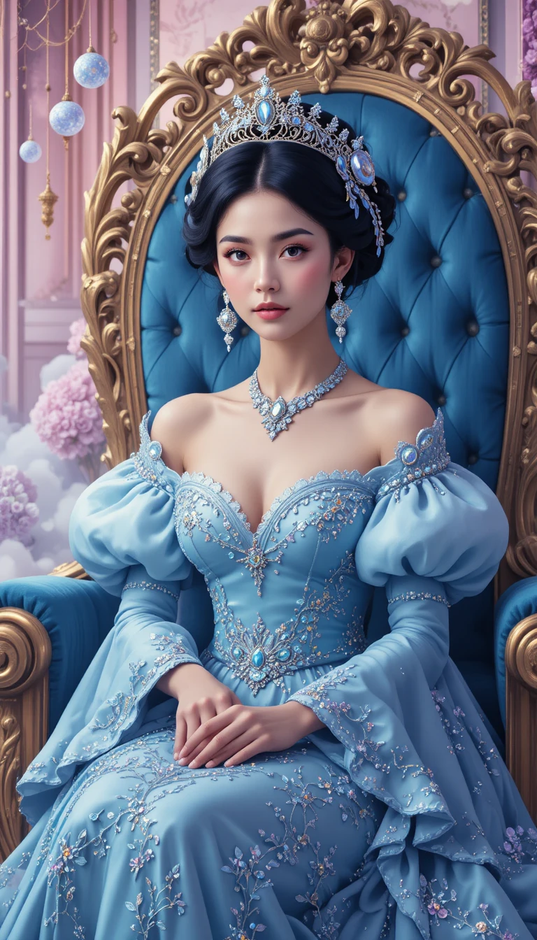 Enchanted princess on a blue throne with glowing orbs