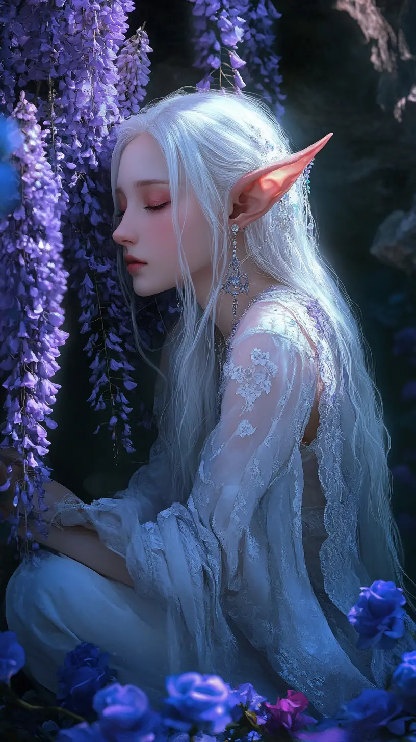 Kneeling elf girl in glowing wisteria cave