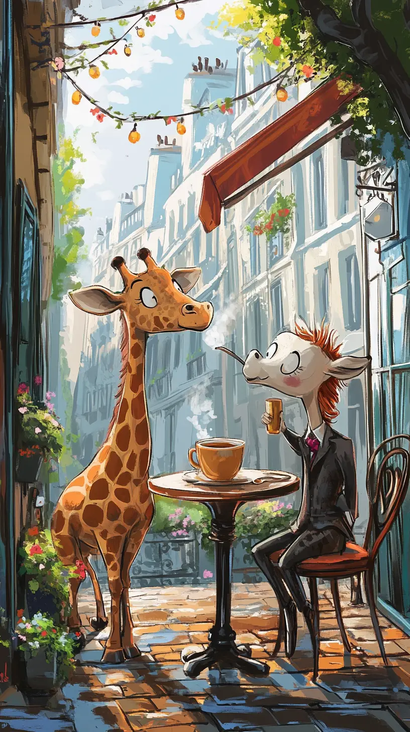 Hippo And Giraffe Drinking Tea At A Paris Street Cafe