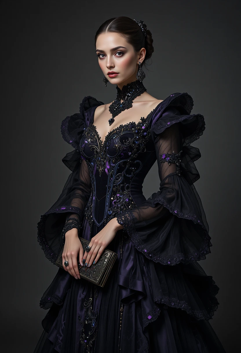 Gothic-Couture-Frau in skulpturalem dunklem Samtkleid