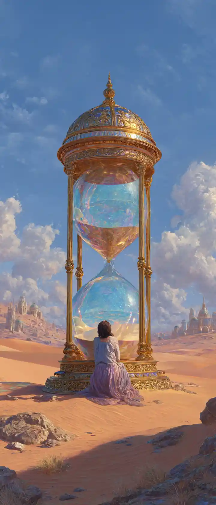 Young woman inside a giant hourglass in the desert