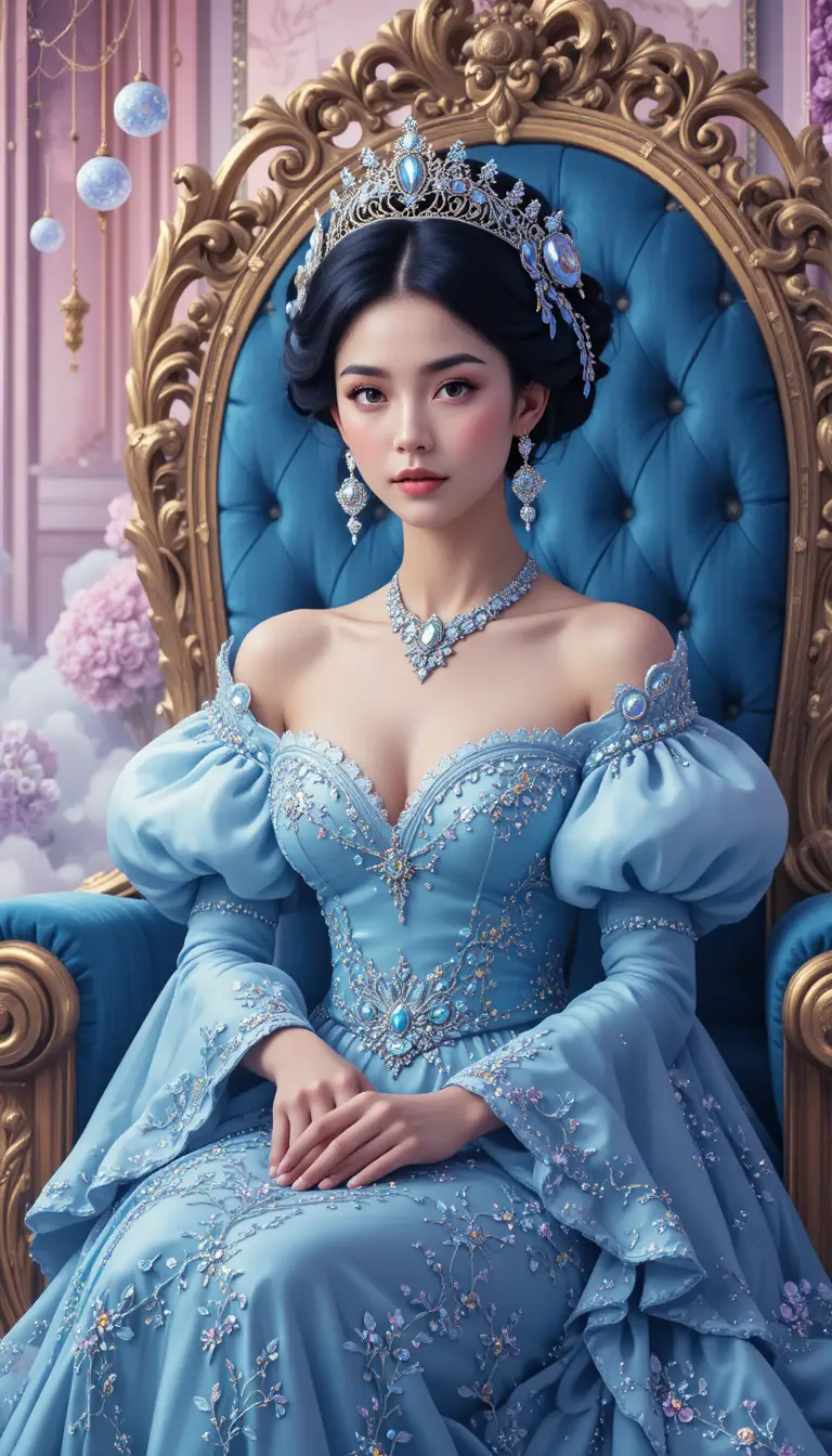 Principessa incantata su un trono blu con sfere luminose