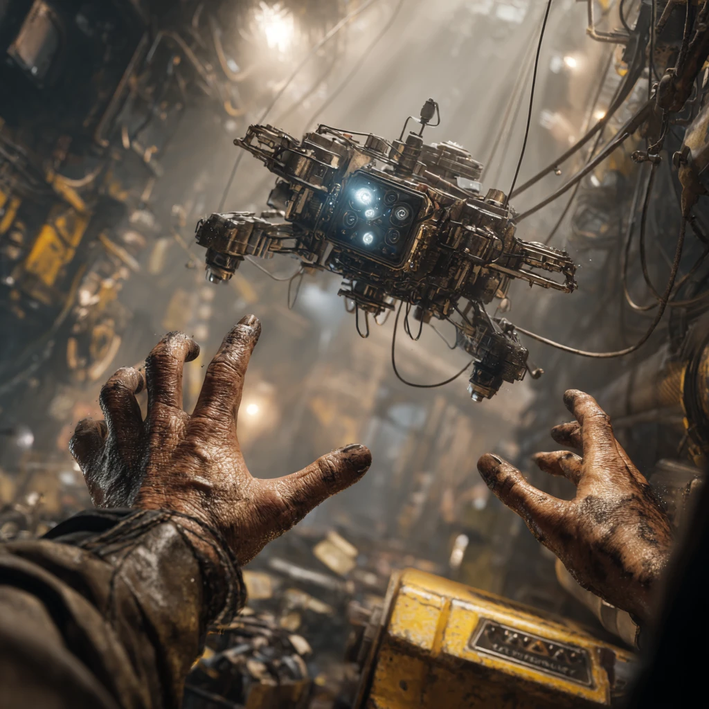 Engineer Controlling A Floating Bio Mechanical Repair Drone