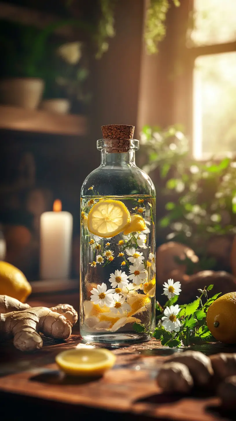 Bottiglia di vetro con limoni e fiori alla luce solare rustica