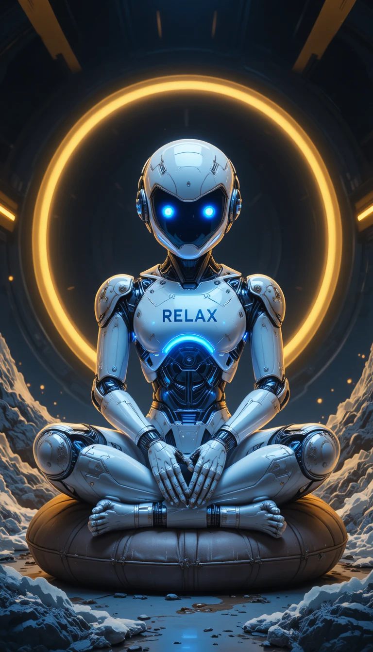 Entspannter weißer Roboter, der mit leuchtend blauen Lichtern meditiert