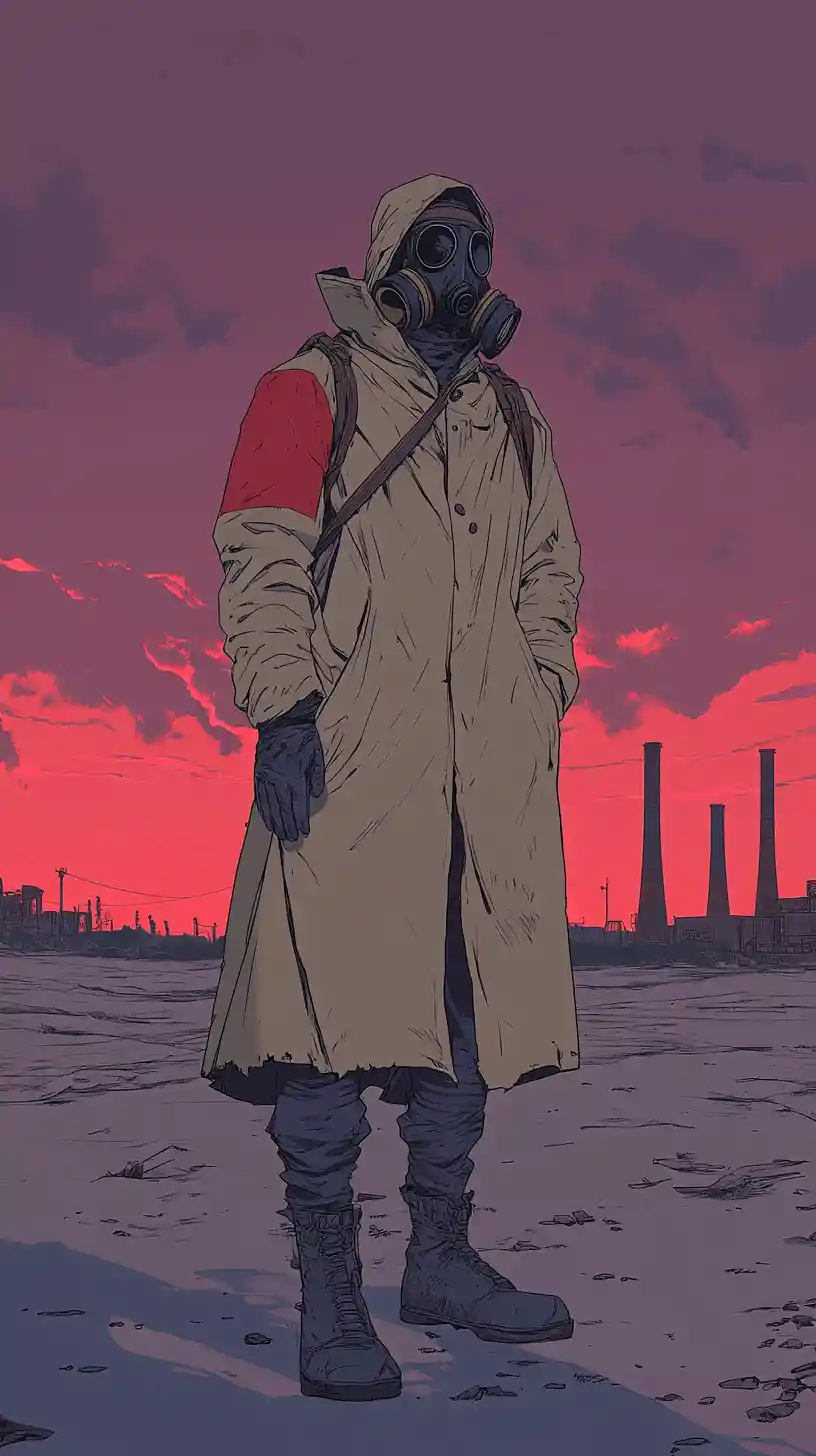 Solitary figure in gas mask under purple industrial sky
