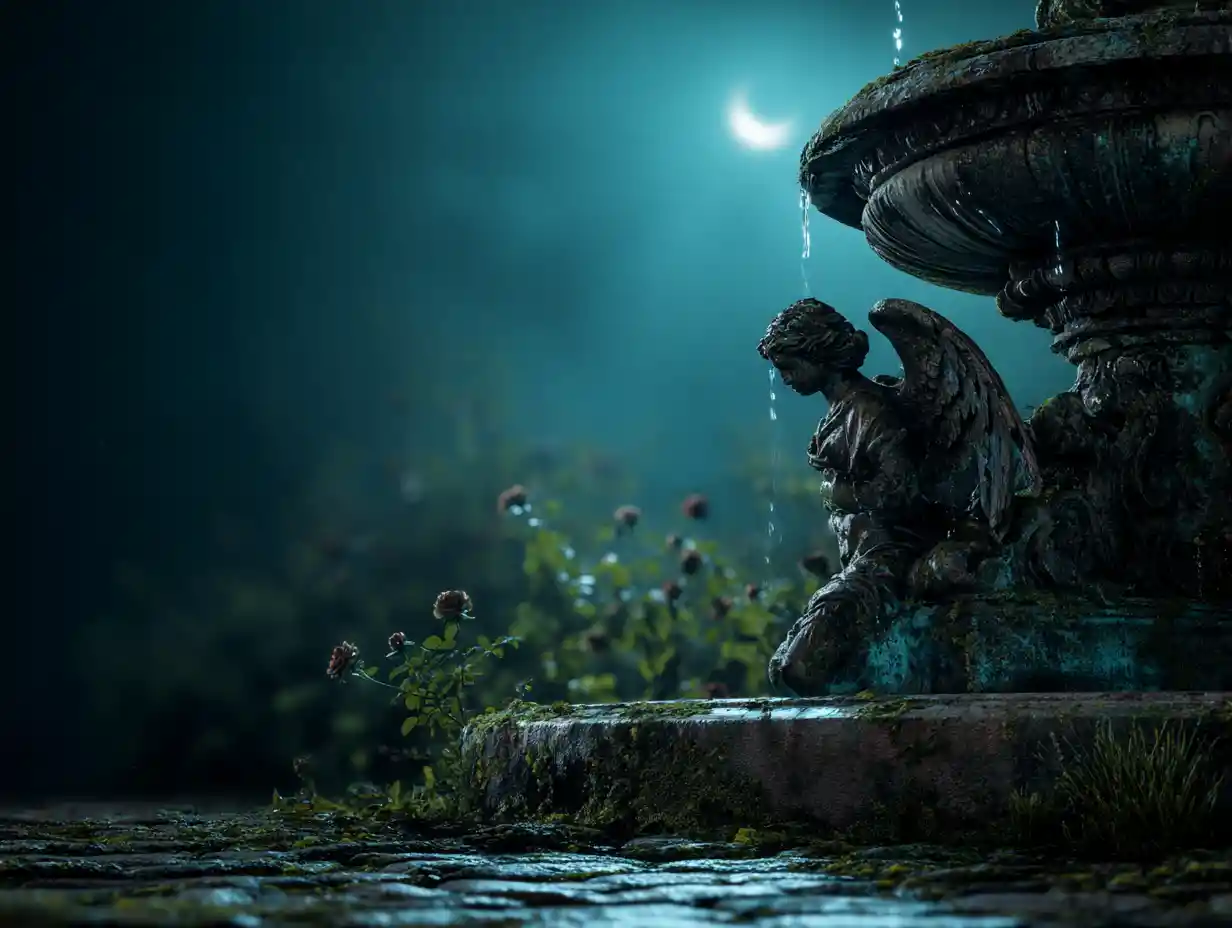 Moonlit Angel Fountain In A Forgotten Rose Garden
