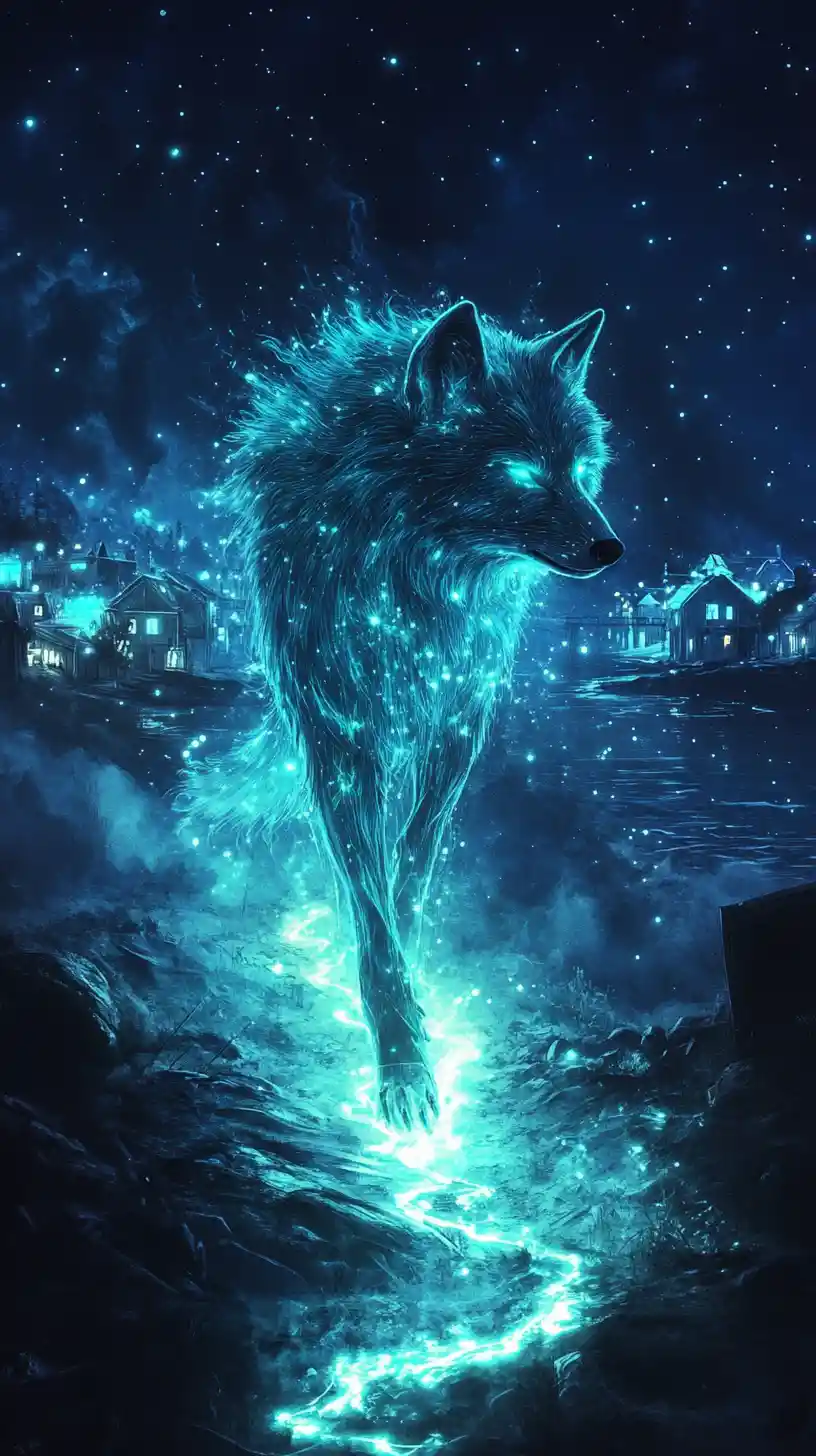 Luminous wolf leading a glowing coastal path at night