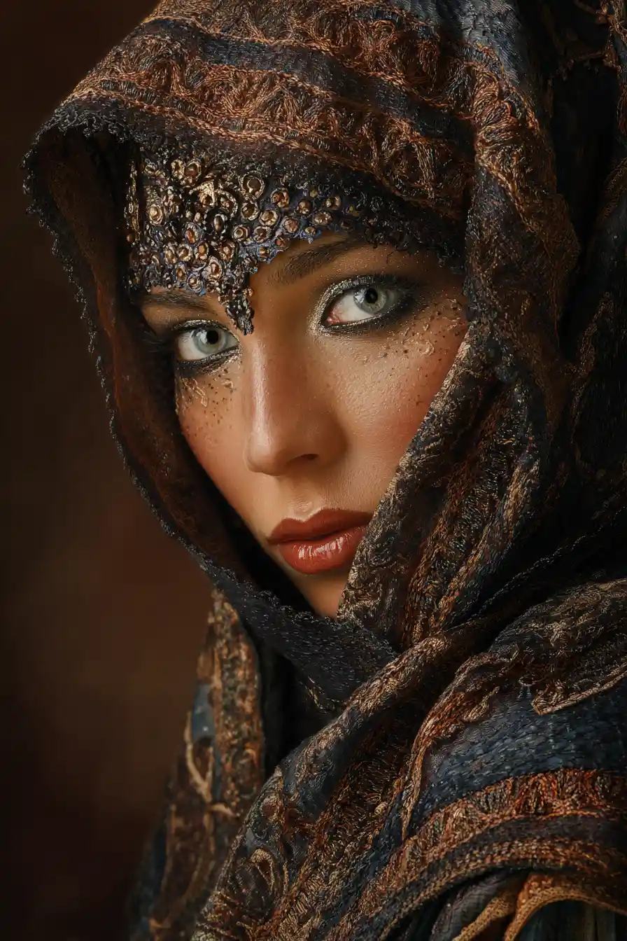 Young Palestinian woman in traditional dress with longing gaze