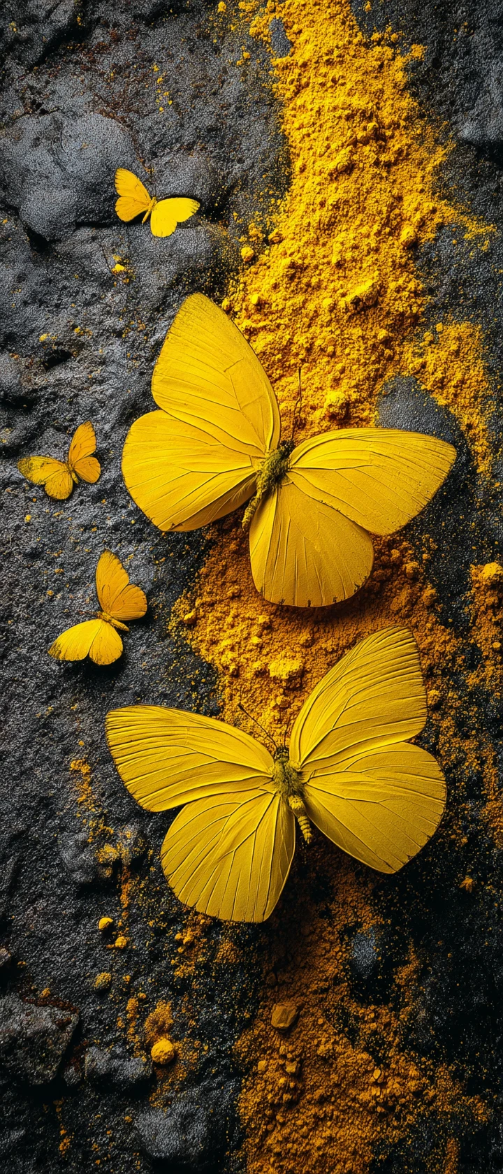 Mariposas amarillas sobre piedra oscura con pigmento esparcido