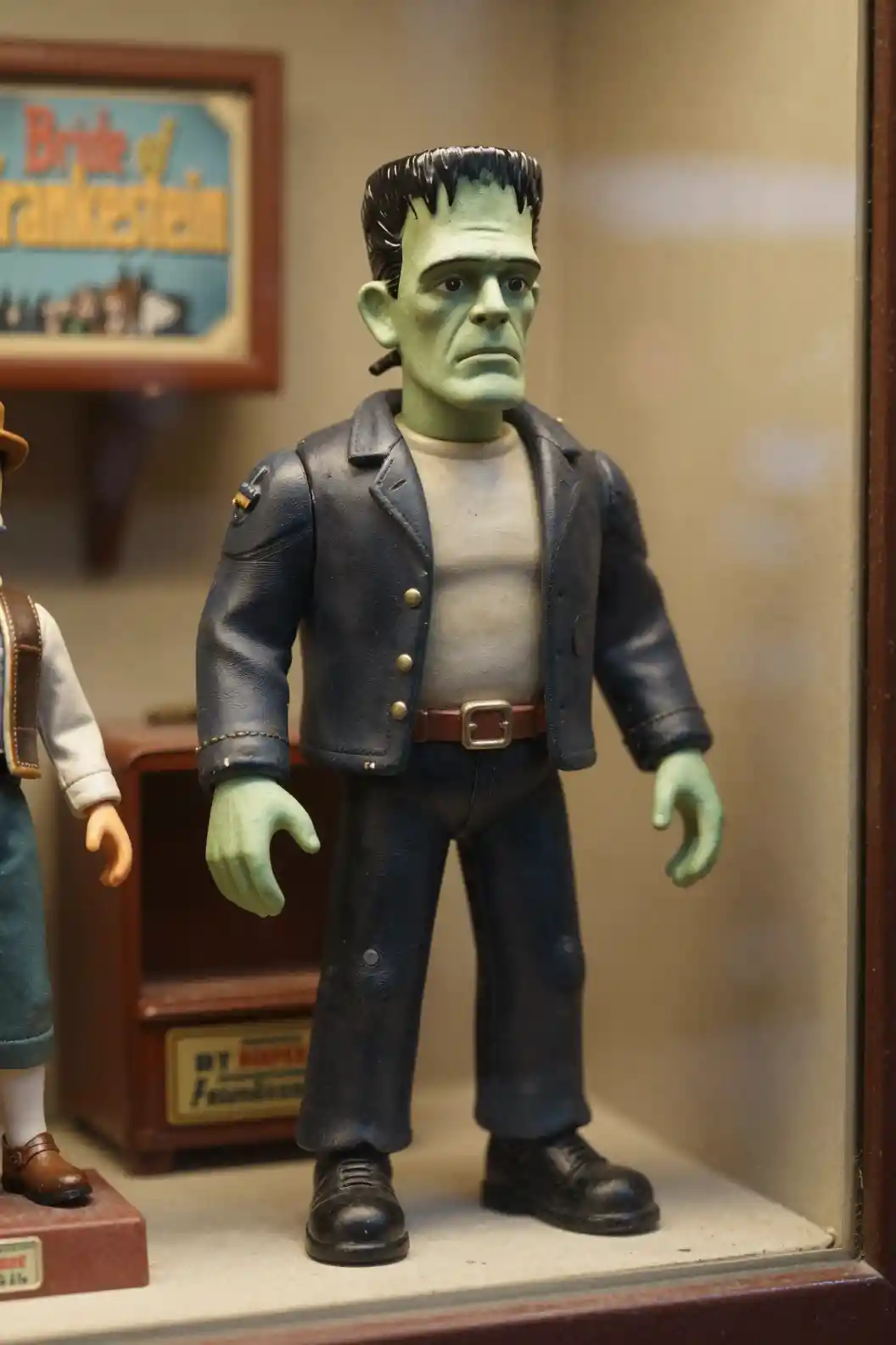 Action figure mostro vintage in vetrina di un negozio di giocattoli retrò