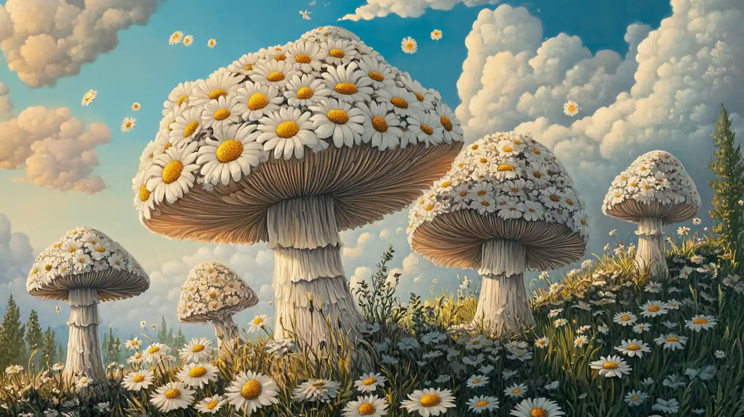 Surreal meadow of towering floral mushroom trees at sunrise